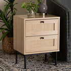 Baxton Studio Sherwin Mid-Century Modern Light Brown and Black 2-Drawer End Table with Woven Rattan Accent