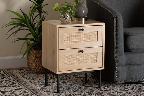 Baxton Studio Sherwin Mid-Century Modern Light Brown and Black 2-Drawer End Table with Woven Rattan Accent