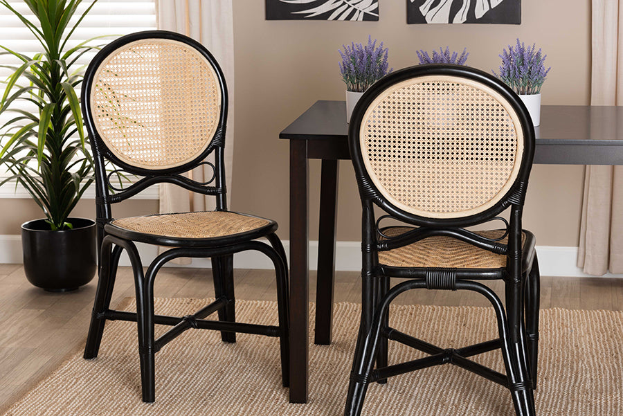 bali & pari Ayana Mid-Century Modern Two-Tone Black and Natural Brown Rattan Dining Chair