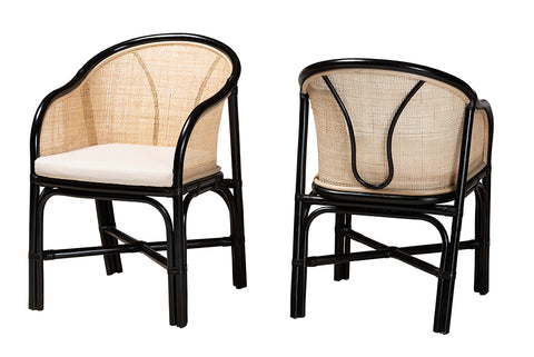 bali & pari Miranda Modern Bohemian Two-Tone Black and Natural Brown Rattan 2-Piece Dining Chair Set