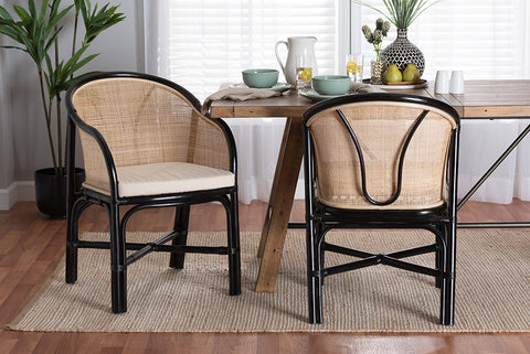 bali & pari Miranda Modern Bohemian Two-Tone Black and Natural Brown Rattan 2-Piece Dining Chair Set