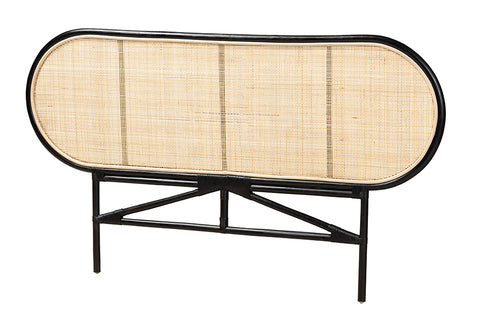 bali & pari Reegan Modern Bohemian Two-Tone Black and Natural Brown Rattan Queen Size Standalone Headboard
