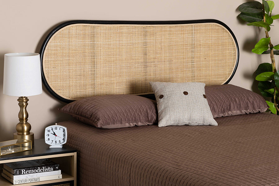 bali & pari Reegan Modern Bohemian Two-Tone Black and Natural Brown Rattan Queen Size Standalone Headboard