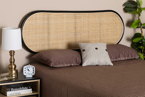 bali & pari Reegan Modern Bohemian Two-Tone Black and Natural Brown Rattan Queen Size Standalone Headboard