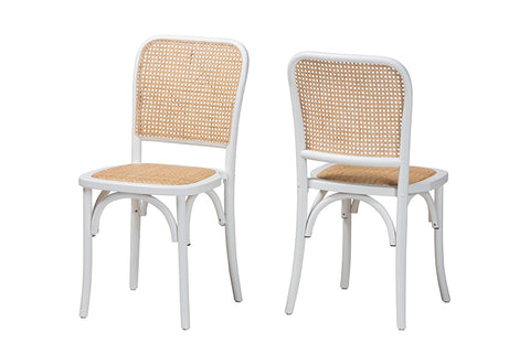 Baxton Studio Neah Japandi White Wood and Natural Rattan 2-Piece Dining Chair Set