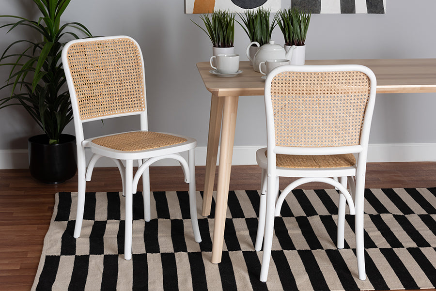 Baxton Studio Neah Japandi White Wood and Natural Rattan 2-Piece Dining Chair Set