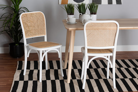 Baxton Studio Neah Japandi White Wood and Natural Rattan 2-Piece Dining Chair Set