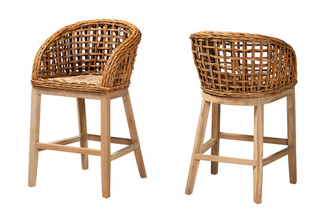 bali & pari Mario Modern Bohemian Natural Brown Finished Teak Wood and Rattan 2-Piece Counter Stool Set