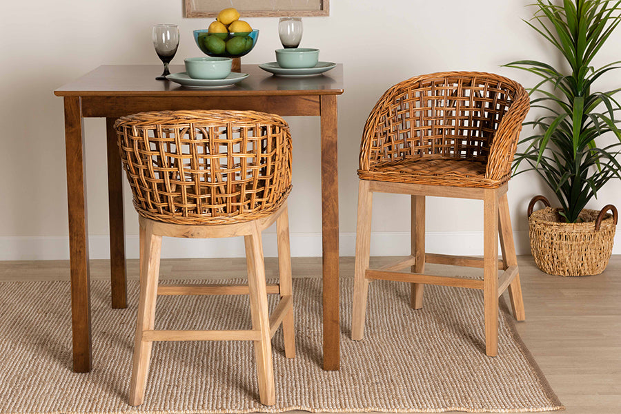 bali & pari Mario Modern Bohemian Natural Brown Finished Teak Wood and Rattan 2-Piece Counter Stool Set