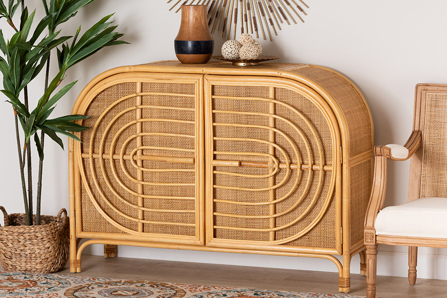bali & pari Ovalet Modern Bohemian Natural Brown Rattan 2-Door Sideboard