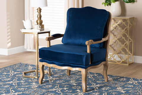 Baxton Studio Jules Traditional Navy Blue Fabric and French Oak Brown Finished Wood Accent Chair