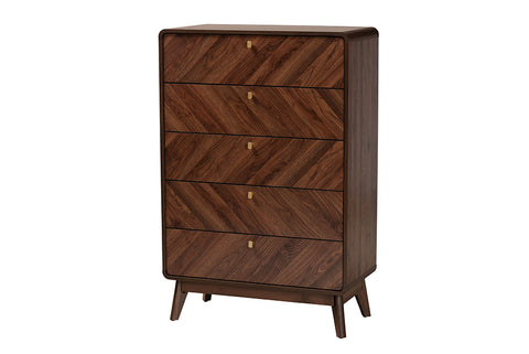 Baxton Studio Markell Mid-Century Modern Transitional Walnut Brown Finished Wood 5-Drawer Storage Chest