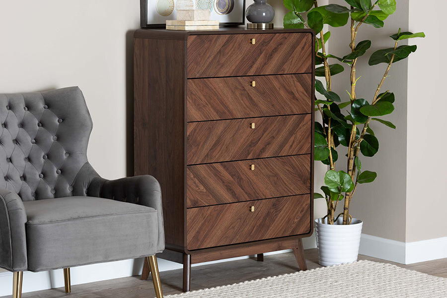 Baxton Studio Markell Mid-Century Modern Transitional Walnut Brown Finished Wood 5-Drawer Storage Chest