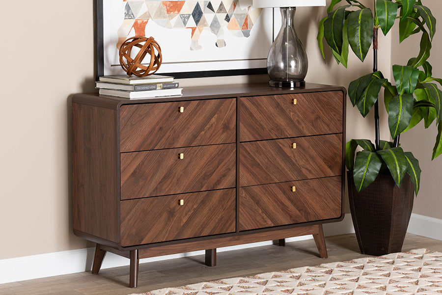 Baxton Studio Markell Mid-Century Modern Transitional Walnut Brown Finished Wood 6-Drawer Dresser