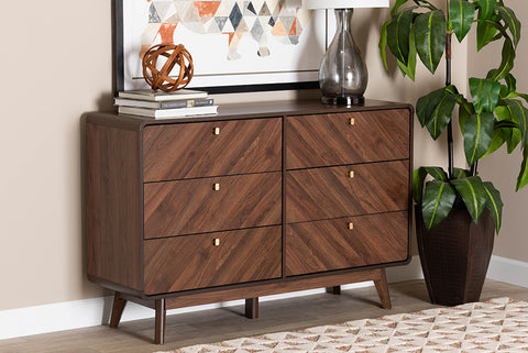 Baxton Studio Markell Mid-Century Modern Transitional Walnut Brown Finished Wood 6-Drawer Dresser
