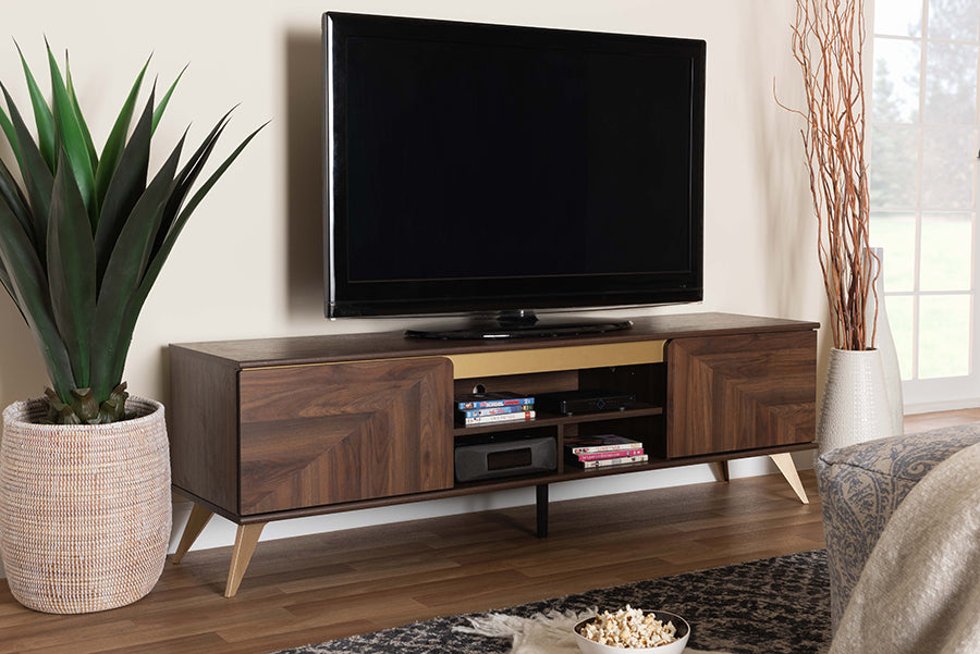Baxton Studio Graceland Mid-Century Modern Transitional Walnut Brown Finished Wood 2-Door TV Stand