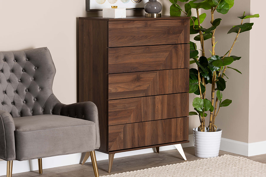 Baxton Studio Graceland Mid-Century Modern Transitional Walnut Brown Finished Wood 5-Drawer Storage Chest