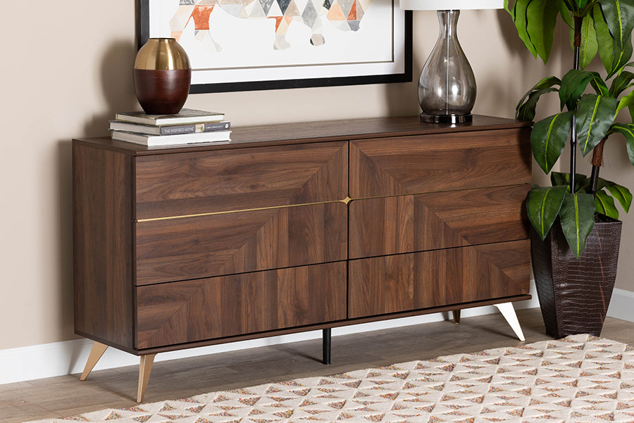 Baxton Studio Graceland Mid-Century Modern Transitional Walnut Brown Finished Wood 6-Drawer Dresser