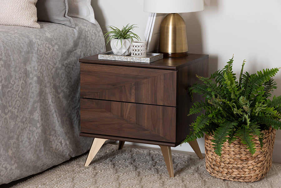 Baxton Studio Graceland Mid-Century Modern Transitional Walnut Brown Finished Wood 2-Drawer Nightstand