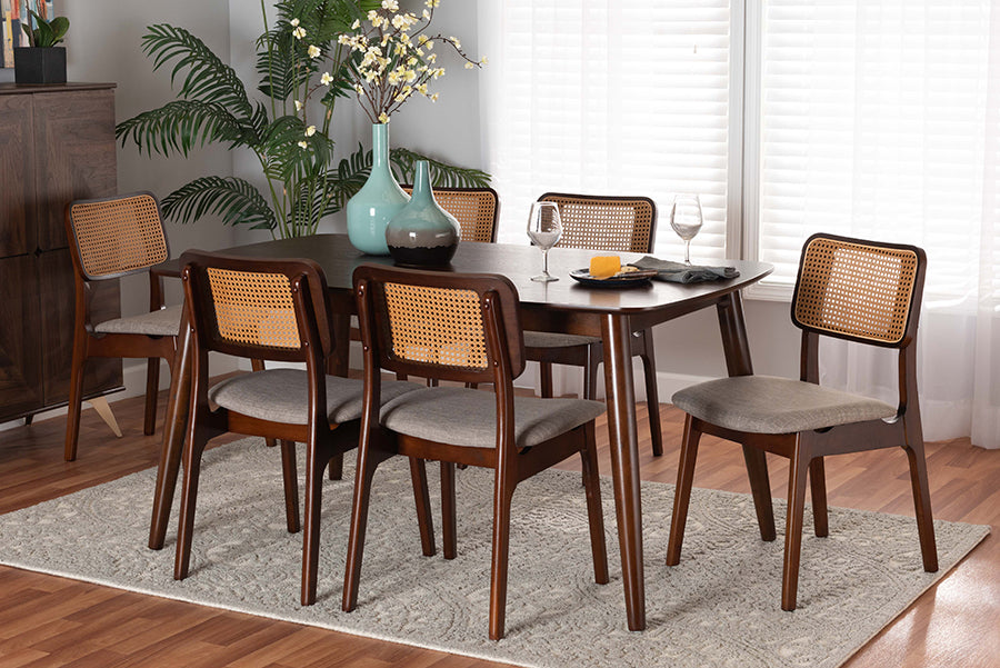 Baxton Studio Dannon Mid-Century Modern Grey Fabric and Walnut Brown Finished Wood 7-Piece Dining Set