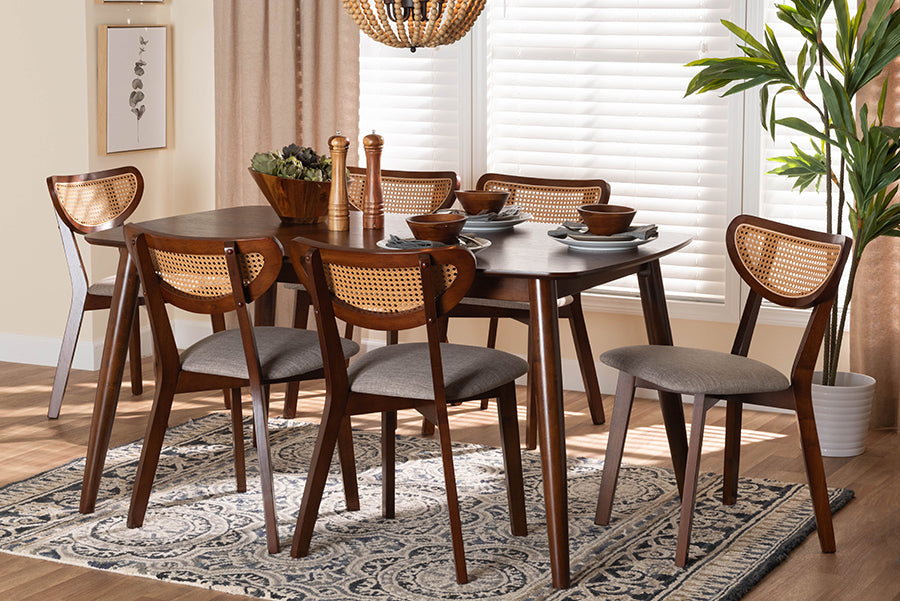 Baxton Studio Dannell Mid-Century Modern Grey Fabric and Walnut Brown Finished Wood 7-Piece Dining Set