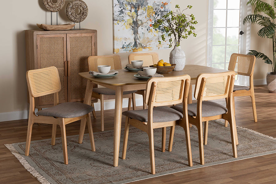 Baxton Studio Dannon Mid-Century Modern Grey Fabric and Natural Oak Finished Wood 7-Piece Dining Set