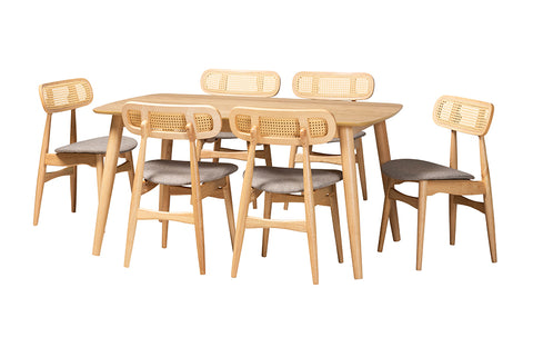 Baxton Studio Tarana Mid-Century Modern Grey Fabric and Natural Oak Finished Wood 7-Piece Dining Set
