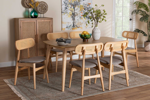 Baxton Studio Tarana Mid-Century Modern Grey Fabric and Natural Oak Finished Wood 7-Piece Dining Set