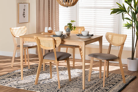 Baxton Studio Dannell Mid-Century Modern Grey Fabric and Natural Oak Finished Wood 5-Piece Dining Set