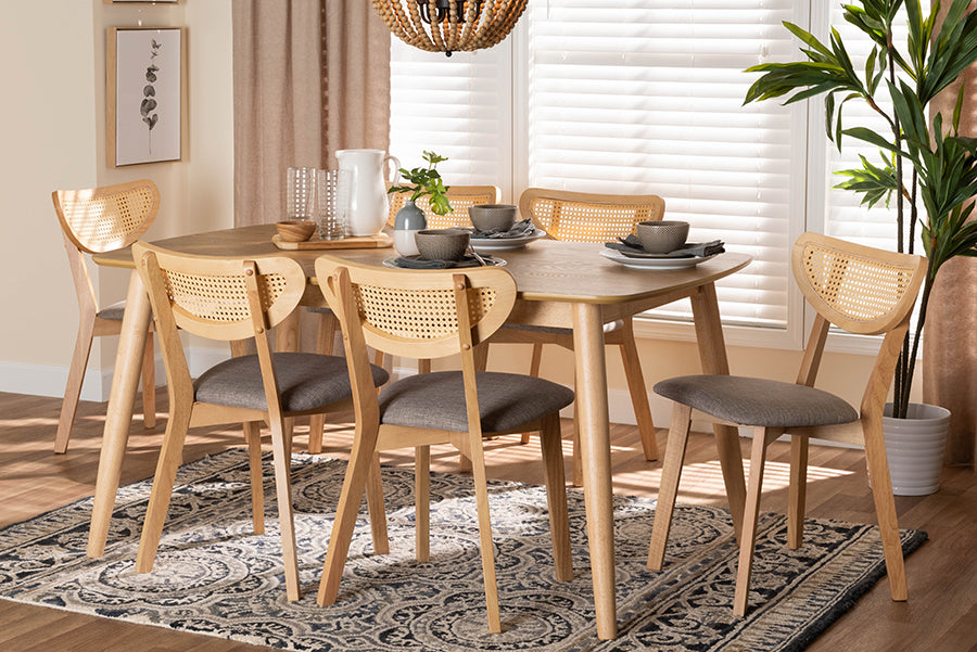 Baxton Studio Dannell Mid-Century Modern Grey Fabric and Natural Oak Finished Wood 7-Piece Dining Set