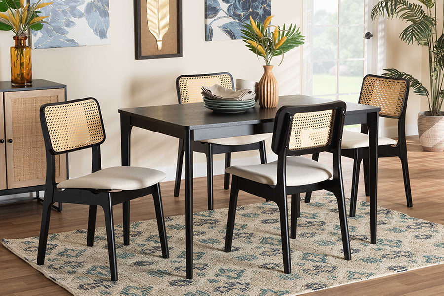 Baxton Studio Dannon Mid-Century Modern Cream Fabric and Black Finished Wood 5-Piece Dining Set