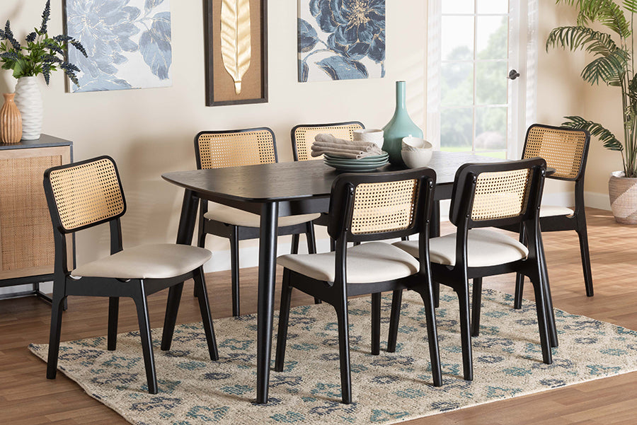 Baxton Studio Dannon Mid-Century Modern Cream Fabric and Black Finished Wood 7-Piece Dining Set