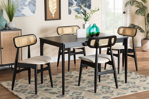 Baxton Studio Tarana Mid-Century Modern Cream Fabric and Black Finished Wood 5-Piece Dining Set