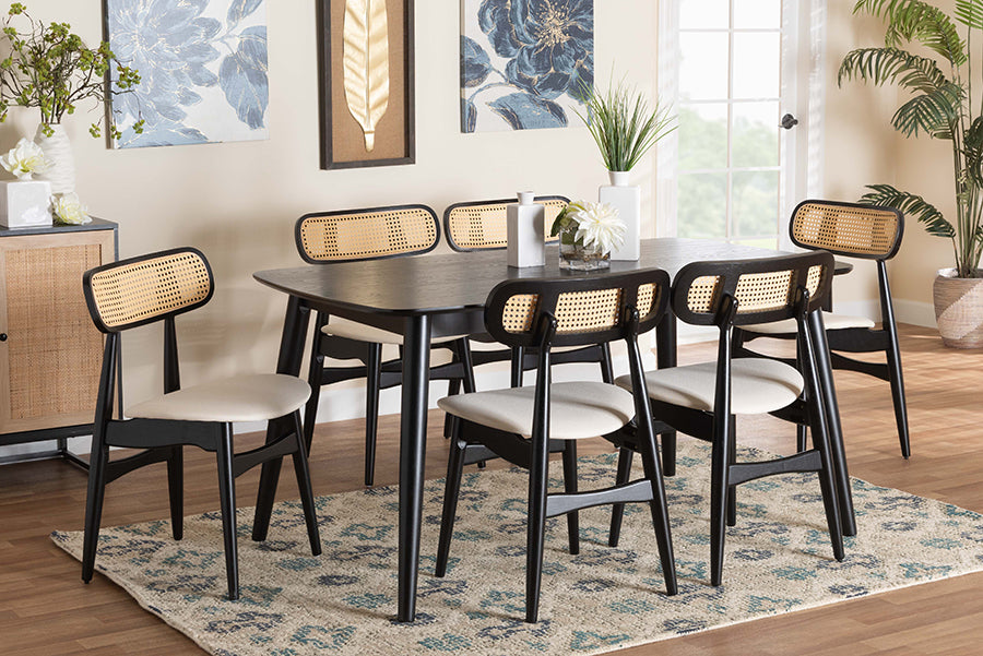 Baxton Studio Tarana Mid-Century Modern Cream Fabric and Black Finished Wood 7-Piece Dining Set