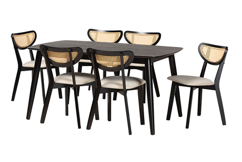 Baxton Studio Dannell Mid-Century Modern Cream Fabric and Black Finished Wood 7-Piece Dining Set
