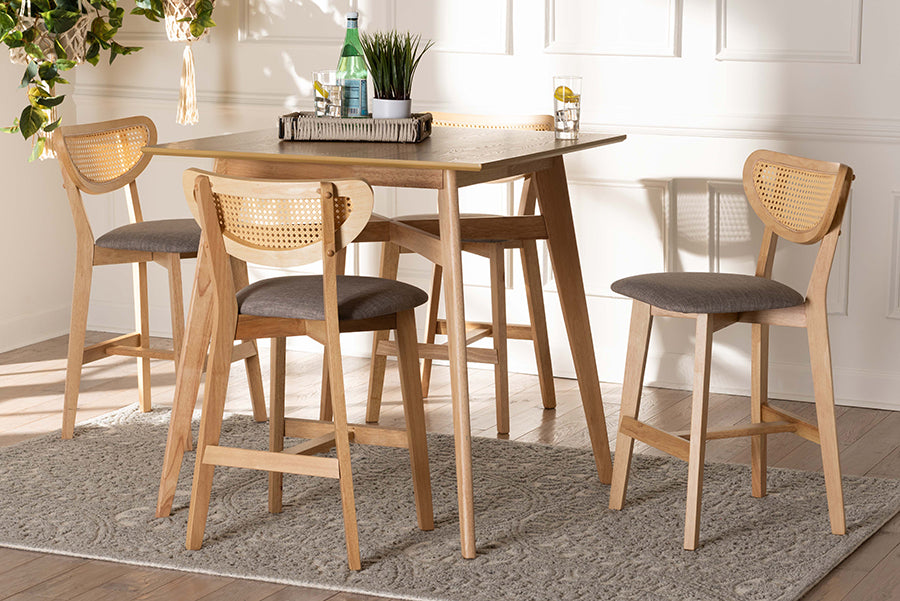 Baxton Studio Dannell Mid-Century Modern Grey Fabric and Natural Oak Finished Wood 5-Piece Pub Set