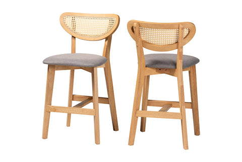 Baxton Studio Dannell Mid-Century Modern Grey Fabric and Natural Oak Finished Wood 2-Piece Counter Stool Set