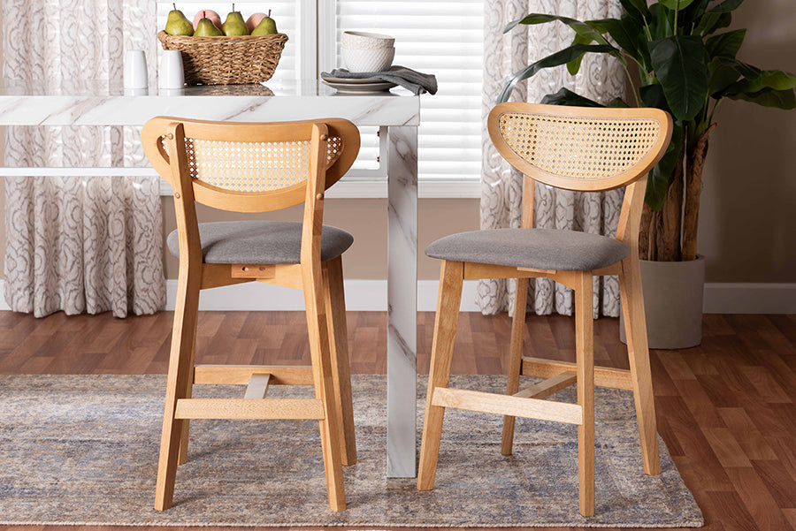 Baxton Studio Dannell Mid-Century Modern Grey Fabric and Natural Oak Finished Wood 2-Piece Counter Stool Set