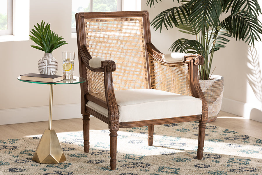 bali & pari Desmond Traditional French Beige Fabric and Walnut Brown Finished Wood Accent Chair