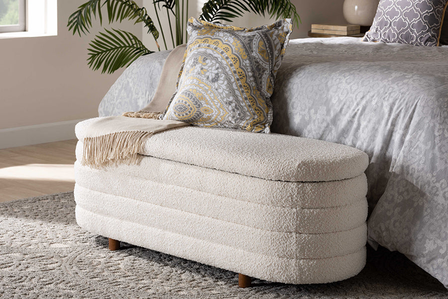Baxton Studio Betiana Modern Japandi Cream Boucle Fabric and Walnut Brown Finished Wood Storage Bench