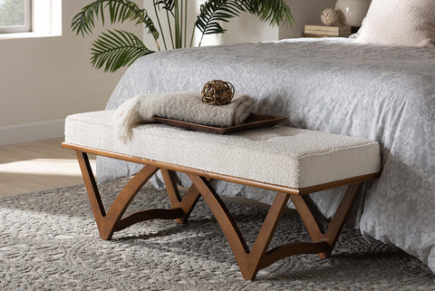 Baxton Studio Chenoa Japandi Cream Boucle Fabric and Walnut Brown Finished Wood Bench