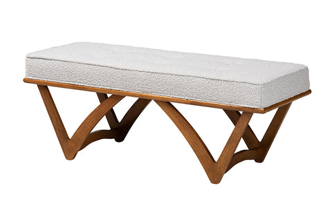 Baxton Studio Chenoa Japandi Light Grey Boucle Fabric and Walnut Brown Finished Wood Bench