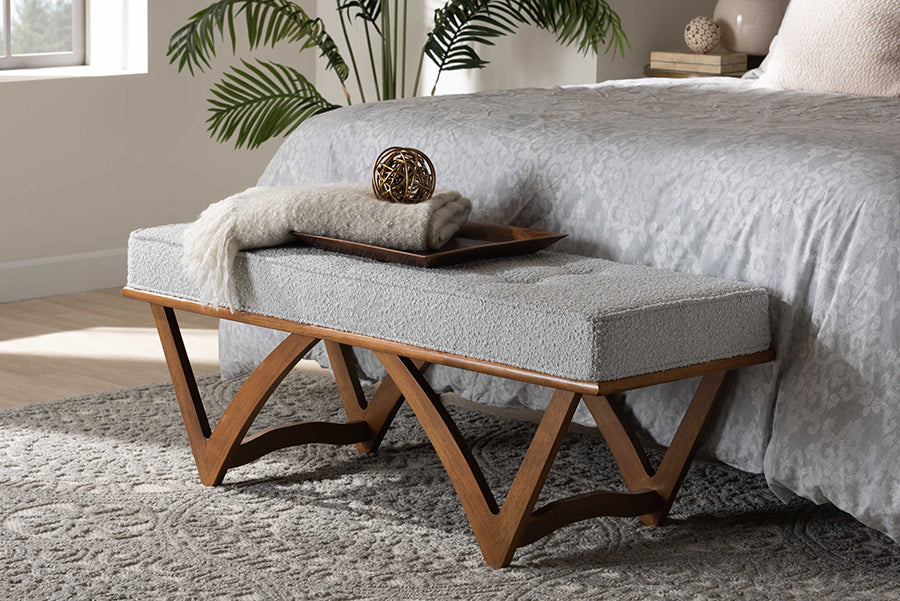 Baxton Studio Chenoa Japandi Light Grey Boucle Fabric and Walnut Brown Finished Wood Bench