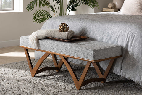 Baxton Studio Chenoa Japandi Light Grey Boucle Fabric and Walnut Brown Finished Wood Bench