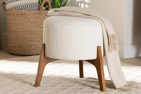 Baxton Studio Elkie Japandi Cream Boucle Fabric and Walnut Brown Finished Wood Ottoman Footstool
