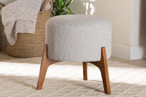 Baxton Studio Elkie Japandi Light Grey Boucle Fabric and Walnut Brown Finished Wood Ottoman Footstool