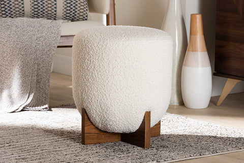 Baxton Studio Fisk Japandi Cream Boucle Fabric and Walnut Brown Finished Wood Ottoman Footstool
