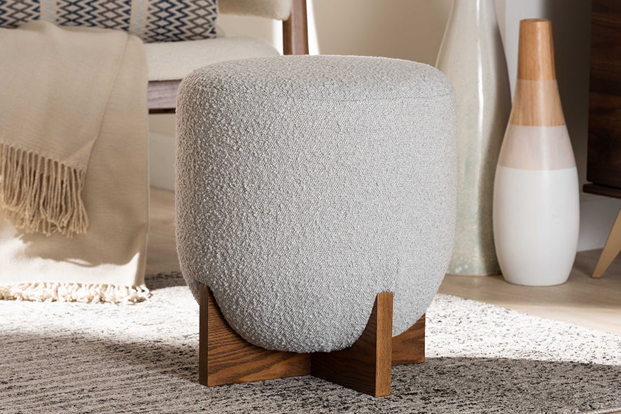 Baxton Studio Fisk Japandi Light Grey Boucle Fabric and Walnut Brown Finished Wood Ottoman Footstool