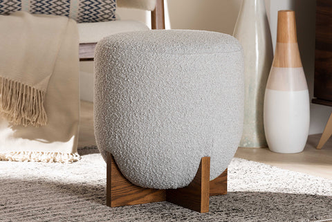 Baxton Studio Fisk Japandi Light Grey Boucle Fabric and Walnut Brown Finished Wood Ottoman Footstool