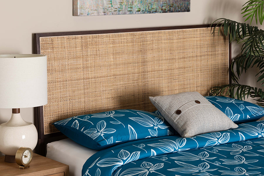 bali & pari Aurelia Modern Bohemian Dark Brown Finished Bayur Wood and Natural Rattan Queen Size Headboard